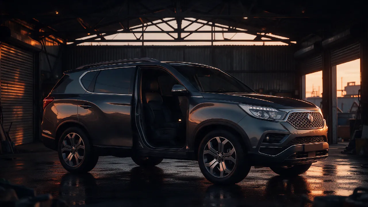 SsangYong Rexton 2.2 e-XDI in een donkere werkplaats met oranje licht