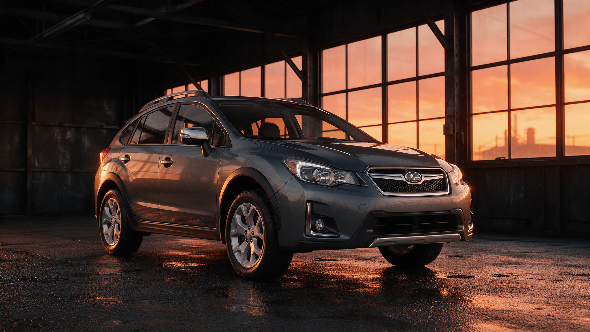 Subaru XV 2.0D in een donkere werkplaats met oranje licht
