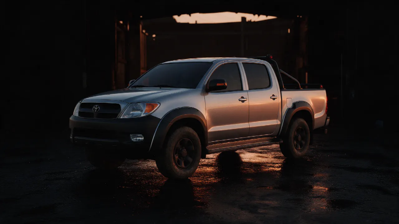Toyota Hilux in een donkere werkplaats bij schemering