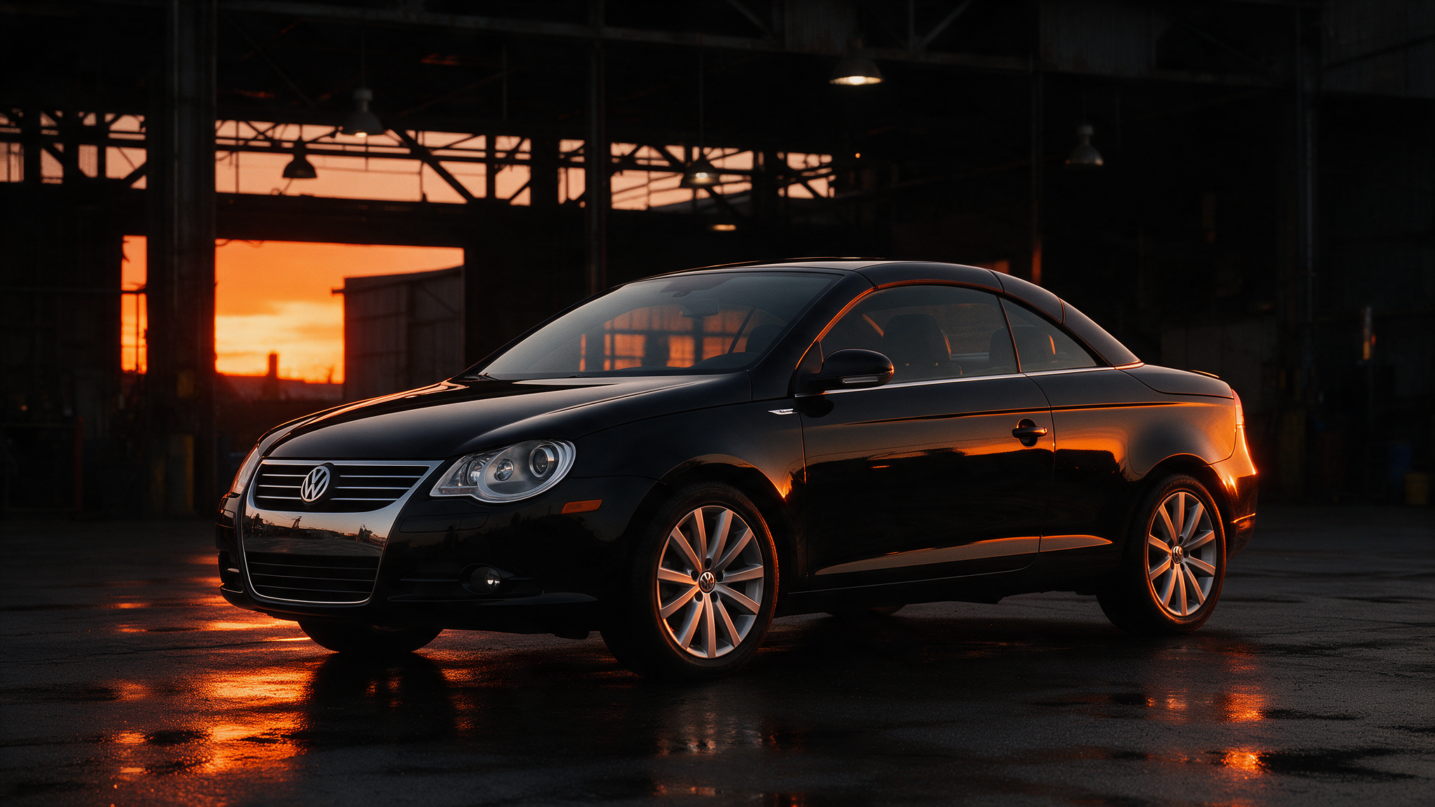 Zwarte Volkswagen Eos 2.0 TSI in donkere werkplaats
