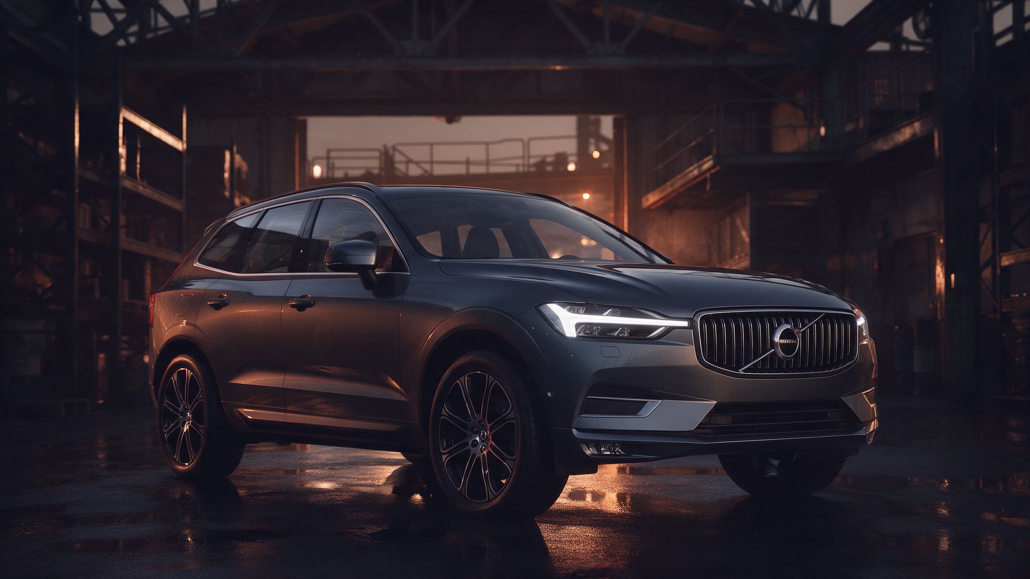 Volvo XC60 T6 in Thunder Grey in een donkere werkplaats bij schemering met oranje randverlichting